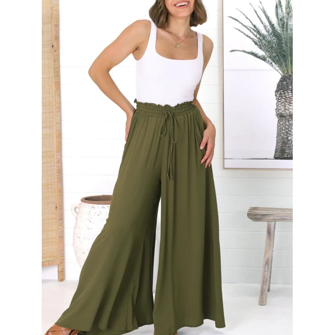 Army green cotton hemp vacation pants wide-leg pants