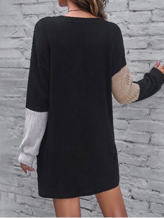 Black Ribbed Color Block Drop Shoulder Long Sleeve Mini Dress