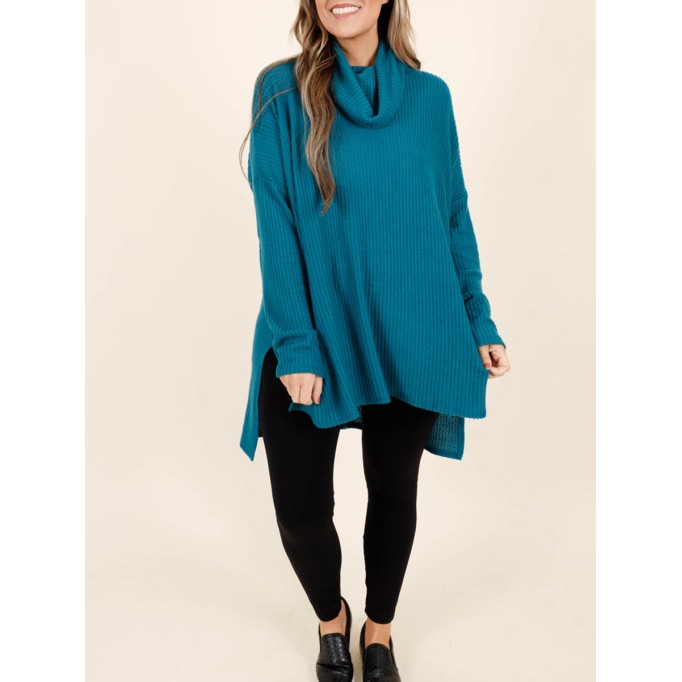 Blue green front short back long loose fitting sweater