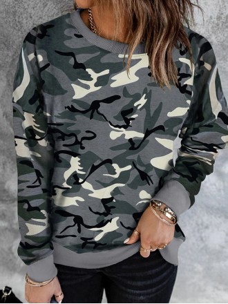 Casual camouflage print crew neck sweatshirt