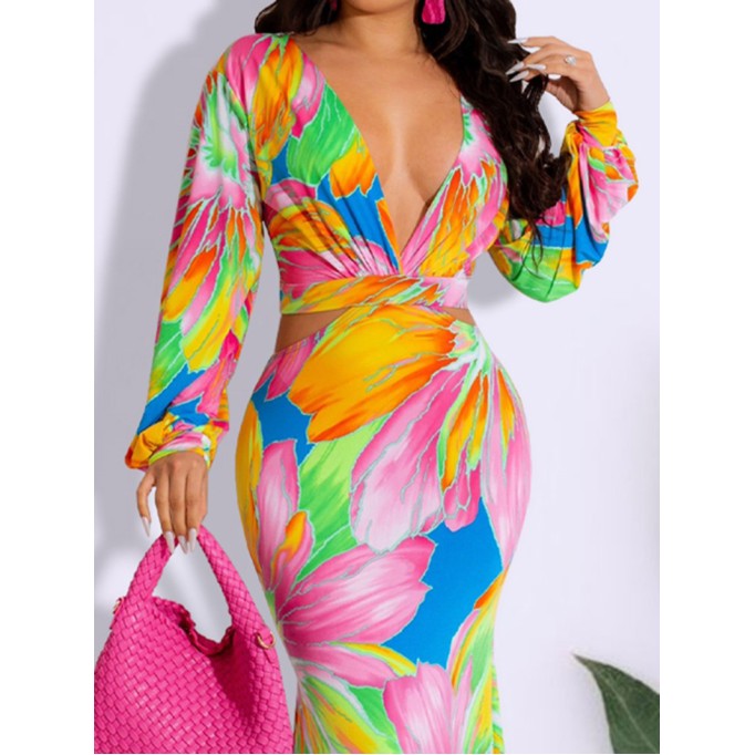 Casual colorful printed V-neck dress