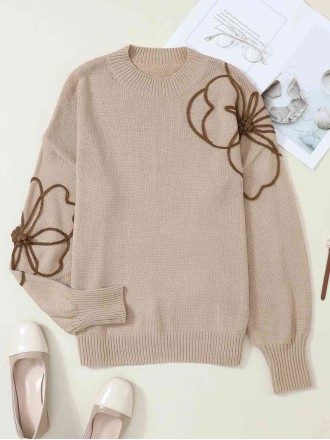 Casual floral pattern solid color sweater