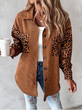 Casual leopard print patchwork corduroy jacket