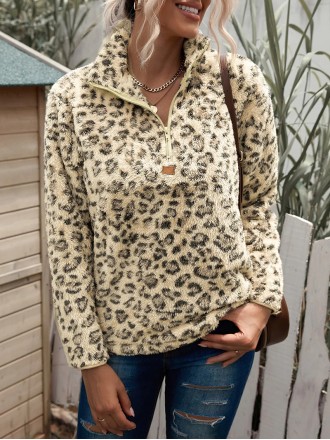 casual leopard print zipper sweatshirt