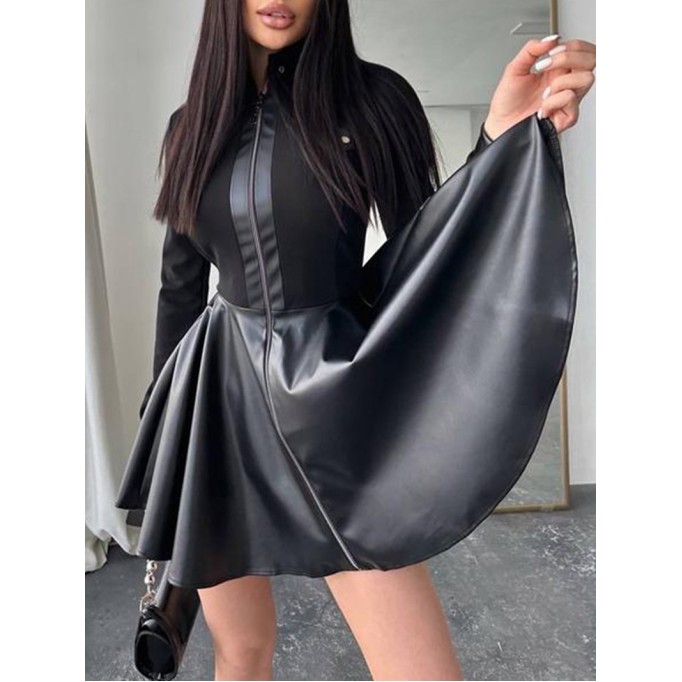 Casual long-sleeve leather panel dress