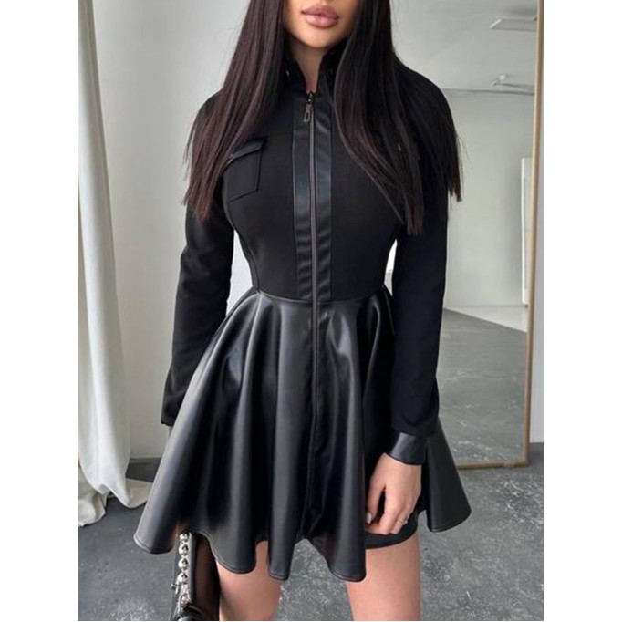 Casual long-sleeve leather panel dress
