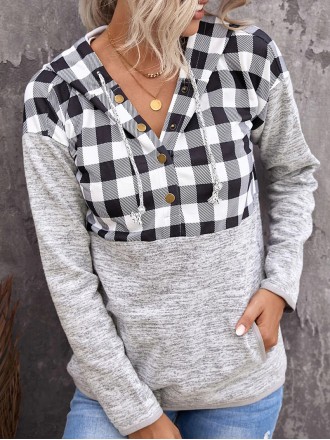 Casual plaid buttoned hooded sweatshirt