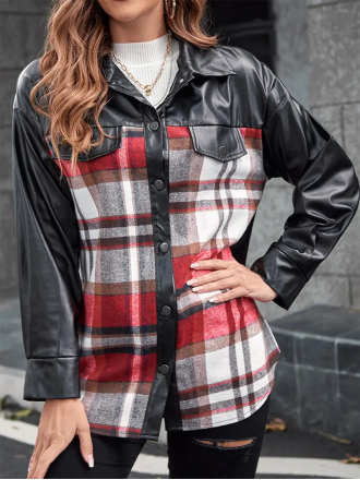Casual plaid patchwork leather jacket