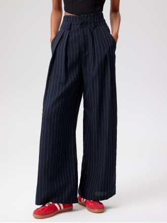 Mid Waist Striped Pleated Button Trousers