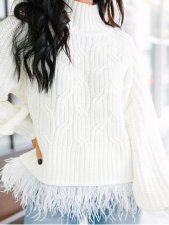 Cream White Feather Trim Sweater